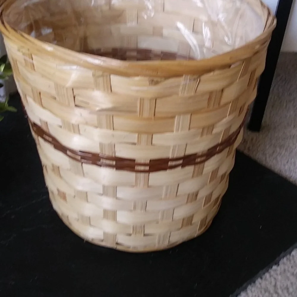 Woven rattan‎ planter basket two tones boho or waste basket trash home decor